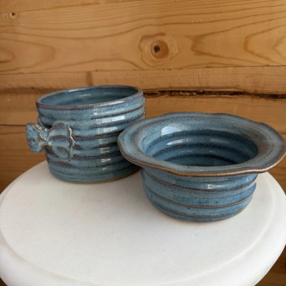 Handmade Pottery‎ Bread Bowl Double Pot Blue Cottage Core Decor Baugnet